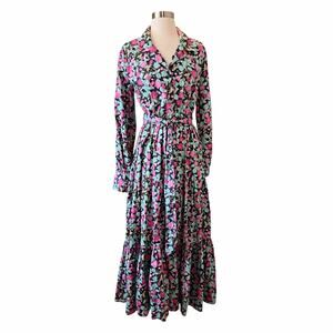 ROLLER RABBIT Shirt Maxi Dress Floral Blue Long Sleeve Cotton Button Down Medium